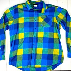 Columbia Blue Yellow Checkered Plaid Flannel Shirt Size Large